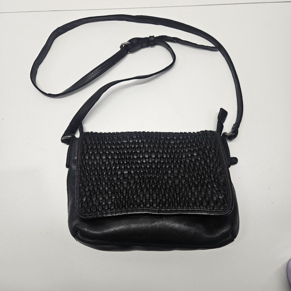 Vilenca Holland Soft Black Genuine Leather Woven Flap Over Crossbody Purse